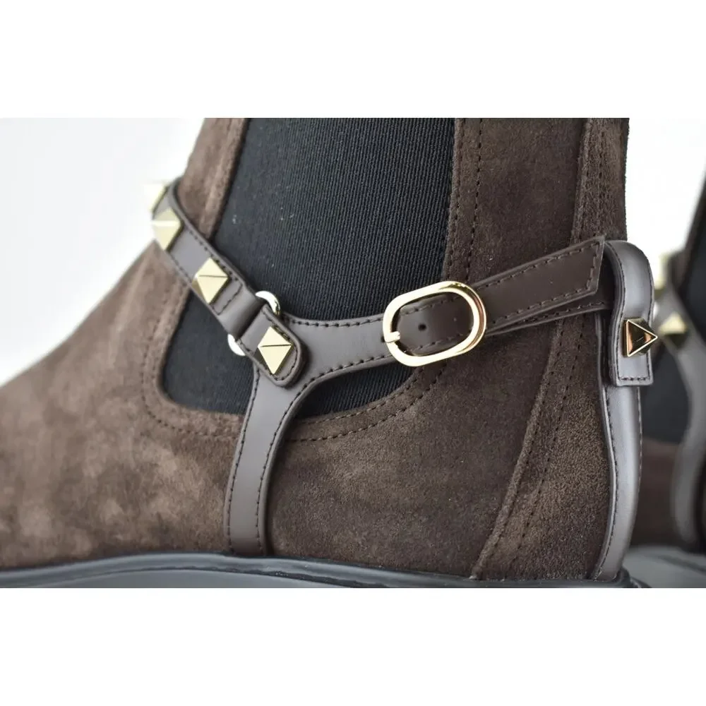 Valentino Rockstud Beatle Brown Suede 55mm Short Ankle Flat Chelsea Boot 38.5